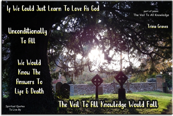 Trina Graves quote: If we could just learn to love as God, Unconditionally to all, We would know the answers to life & death, The veil to all knowledge would fall. - Spiritual Quotes To Live By